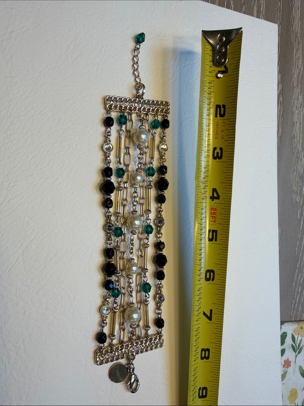 Multi-Row Silver Chain Bracelet with Black, Teal and Pearl Beads
